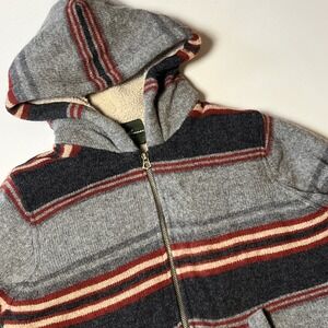 Eddie Bauer Lambs Wool Blend Zip Sweater Jacket Sz L Hooded Sherpa Lined Shacket